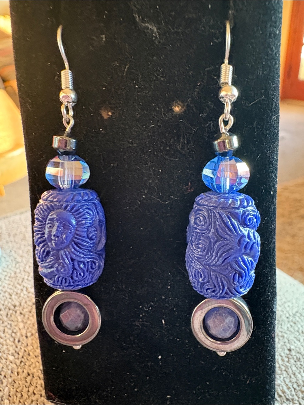 Blue Carved Mermaid Motif Crystal and StoneDrop Earrings - Hand Crafted